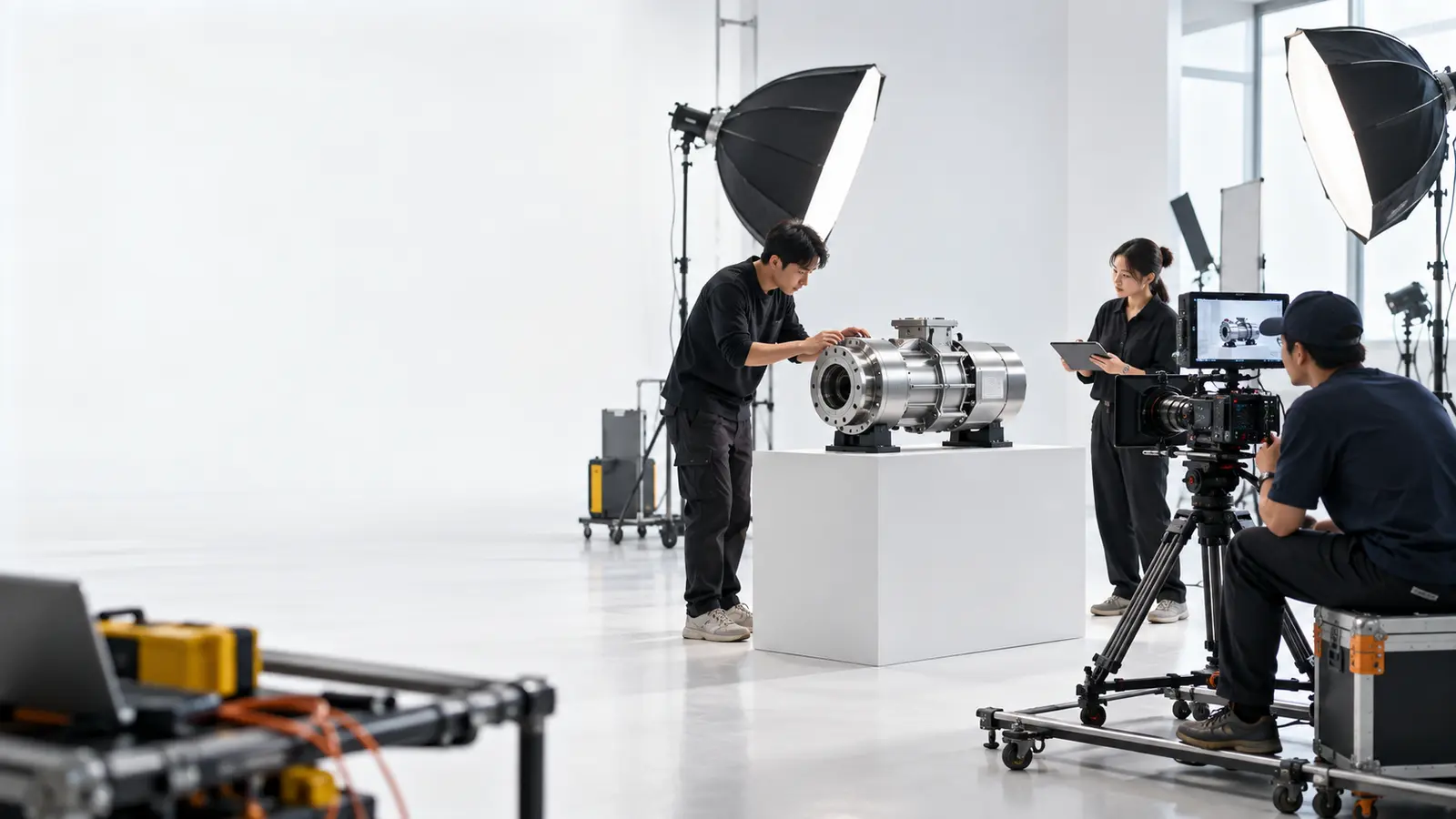 企业产品摄影和视频拍摄现场，专业团队正在使用摄影机与灯光设备拍摄工业产品
